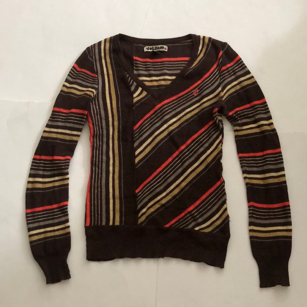 Volcom M Sweater Brown Multi stripe Pink V-neck Long sleeve Excellent Condition